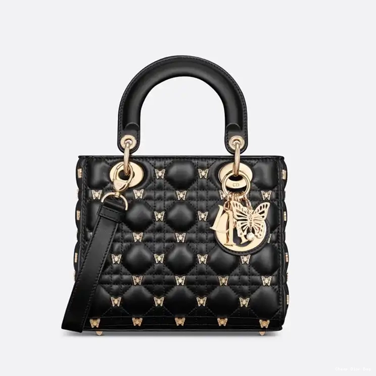 Black Dior Lady Lambskin with Studs Butterfly Small Cannage Bag 0502